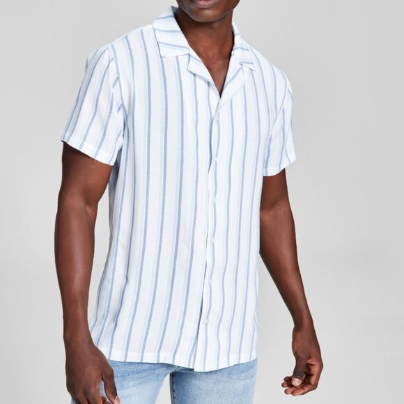 NEW Mens AND NOW THIS Button Down Shirt Striped Blue White Medium Rayon Collared - Picture 1 of 12